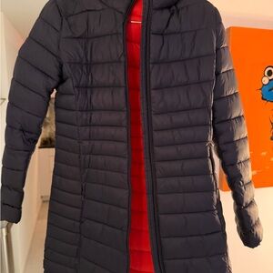 SAVE THE DUCK Dark Blue Puffer Jacket with Bright Red Interior